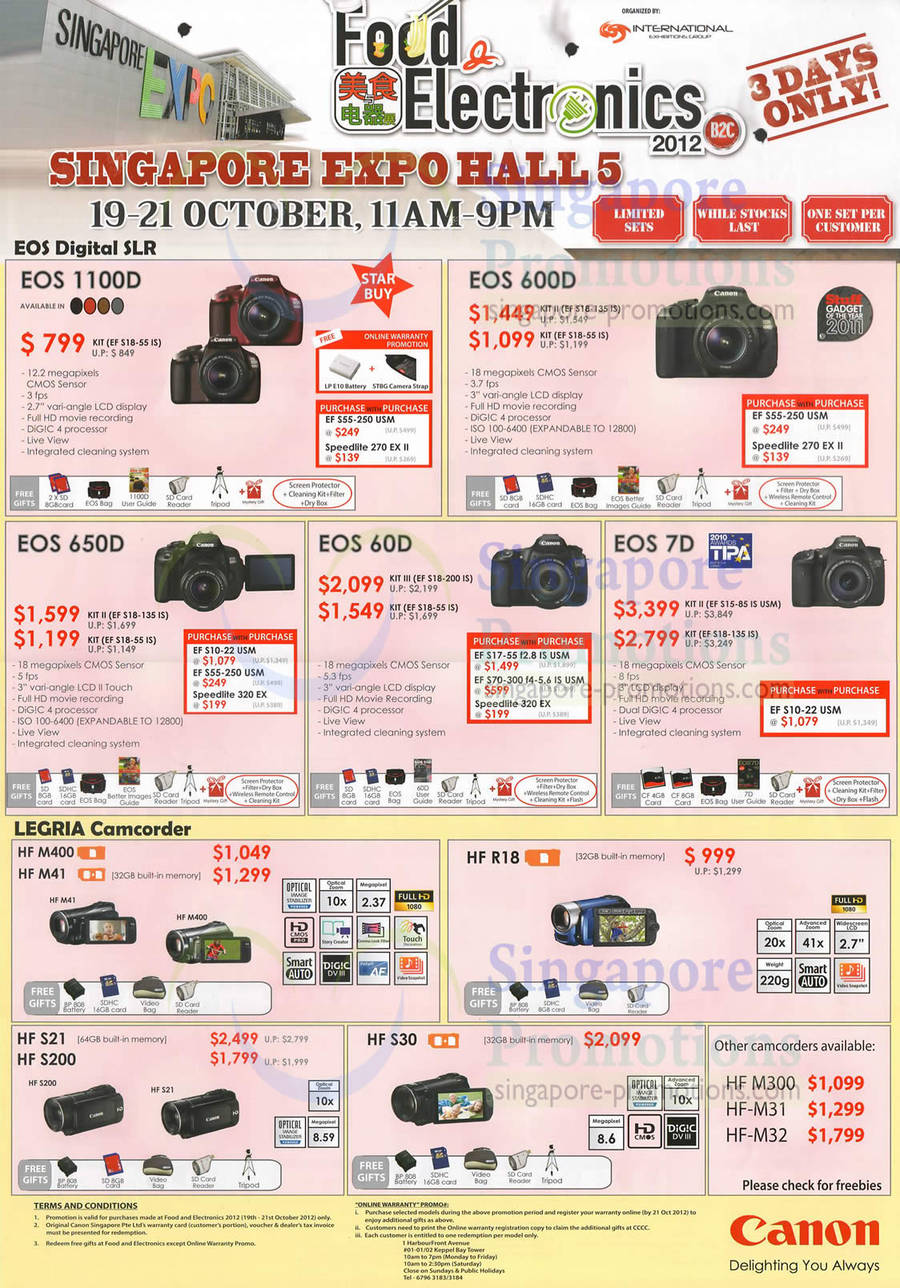 20 Oct Canon DSLR Digital Cameras EOS 1100D, 600D, 650D, 60D, 7D, Legria Camcorder HF M400, HF M41, HF R18, HF S30, HF S21, HF S200