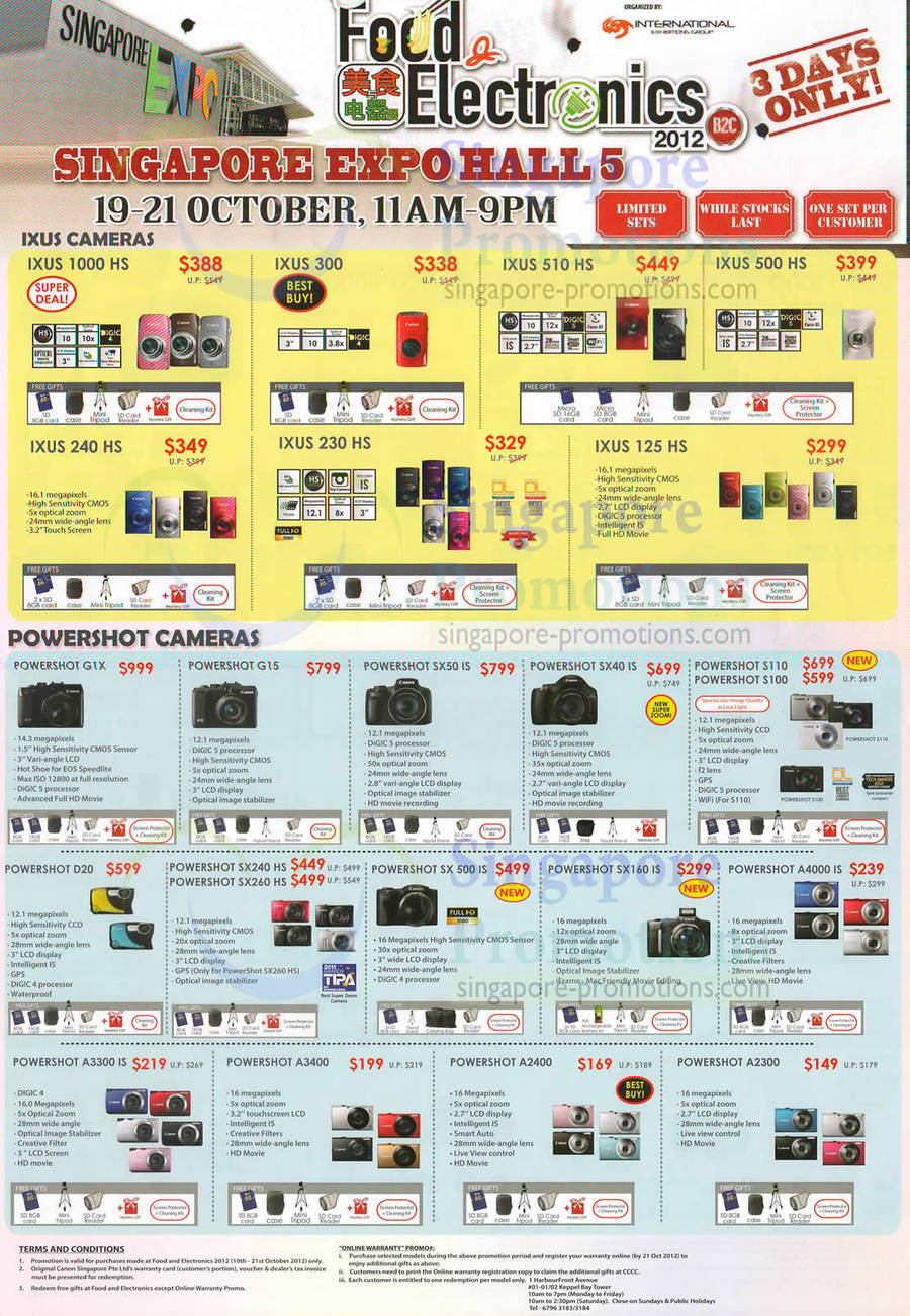 20 Oct Canon Digital Cameras, IXUS 1000 HS, 300, 510HS, 230HS, 240HS, 125HS, 500HS, Powershot S110, S100, SX40 IS, SX50 IS,  G1X, G15, D20, SX240 HS