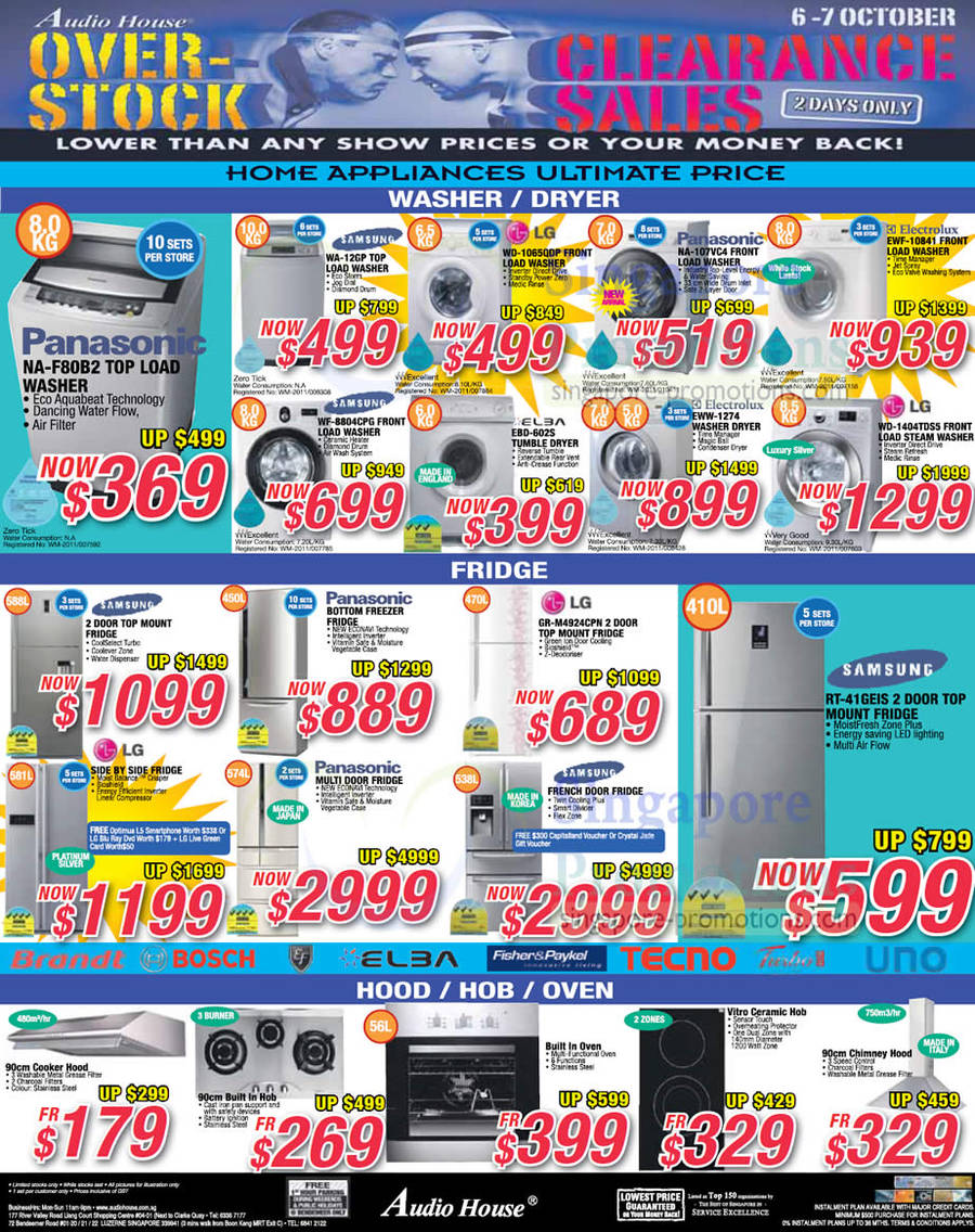 Appliances, Washers, Fridge, Panasonic NA-80B2, NA-107VC4, Samsung WA-12GP, WF-8804CPG, LG WD-1065QDP, WD-1404TDS5