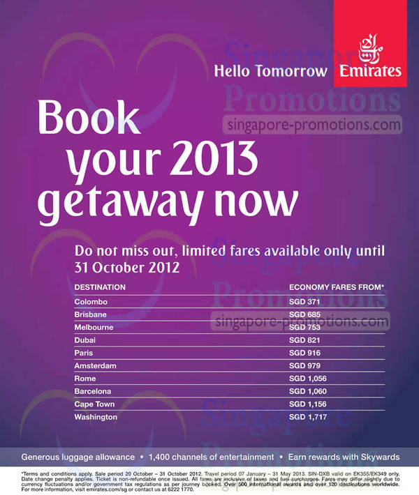 Featured image for Emirates Promotion Air Fares 20 – 31 Oct 2012