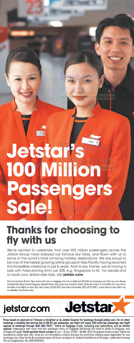 Featured image for Jetstar Airways 100 Million Passengers Air Fares Sale 31 Oct – 5 Nov 2012