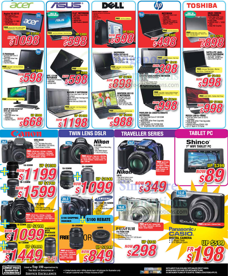 Notebooks, Desktop PCs, Digital Cameras, Acer Aspire V3-551G, M1930, ASUS EPC 1215B, K45VM, DELL Vostro V2603, Inspiron 5420-321451G