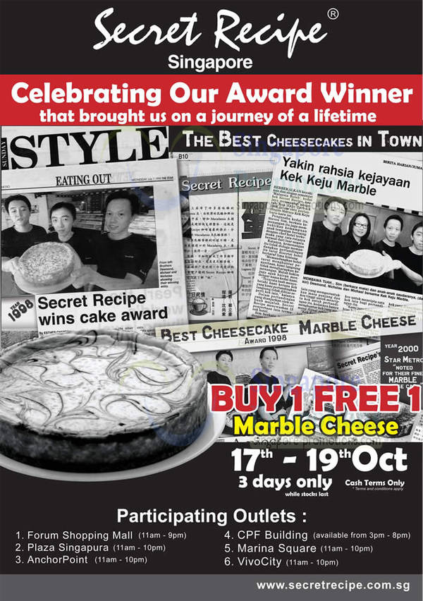 Featured image for Secret Recipe 1 For 1 Marble Cheese Promotion @ 5 Outlets 17 – 19 Oct 2012