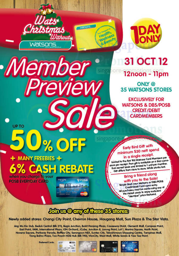 Featured image for (EXPIRED) Watsons Up To 50% Off Preview Sale For DBS/POSB Cardmembers & Members 31 Oct 2012