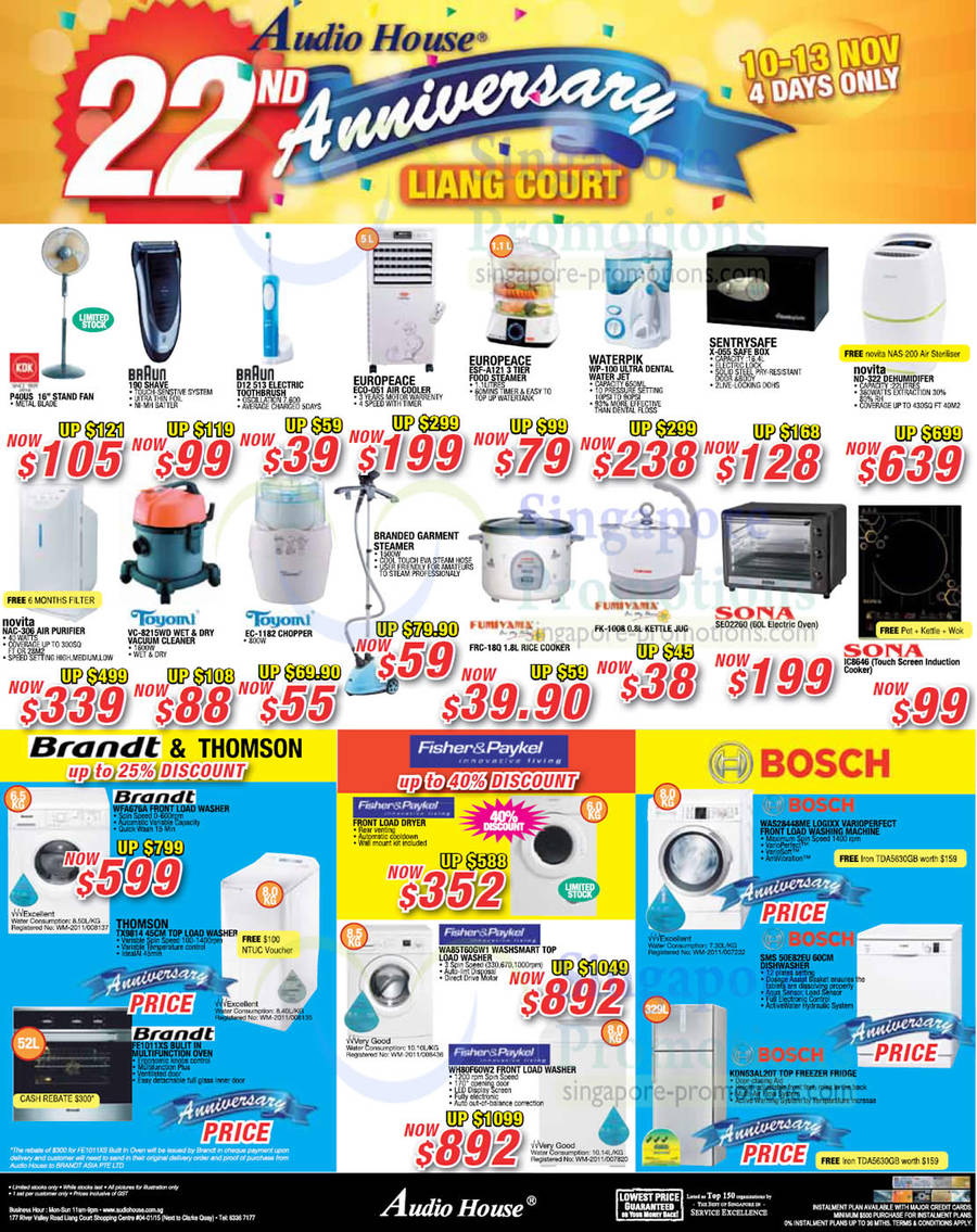 10 Nov KDK Fan, Braun Shaver, Electric Toothbrush, Europeace Air Cooler, Food Steamer, Waterpik Water Jet, SentrySafe Safe Box, Novita Dehumidifier, Air Purifier