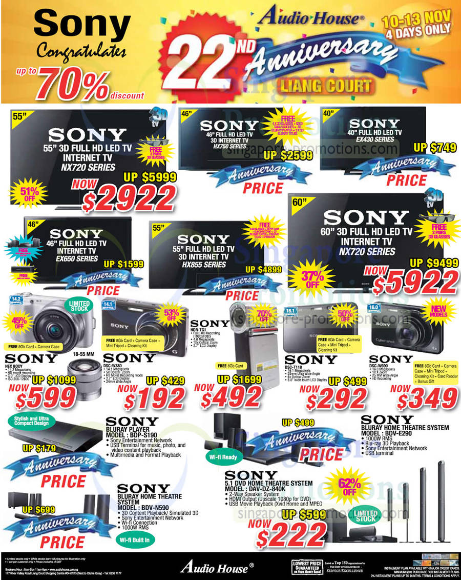 10 Nov Sony Bravia LED TV, NEX-F3 and Cybershot Digital Cameras, Handycam Camcorder, Blu Ray Player, Blu Ray Home Theatre System