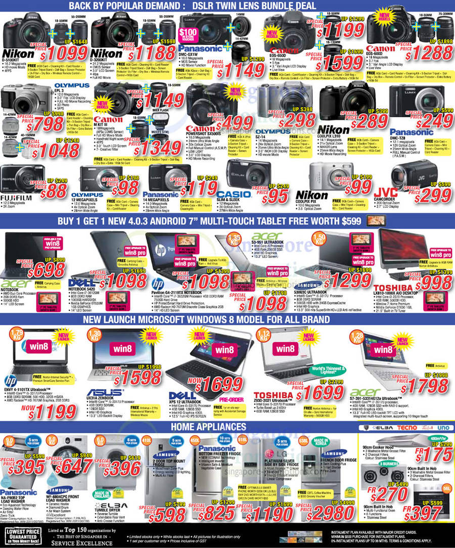 2 Nov Nikon, Canon DSLR Digital Cameras, Panasonic, Olympus,Notebooks, Dell, HP, Acer, Samsung, Toshiba, ASUS, Panasonic, Samsung Washers