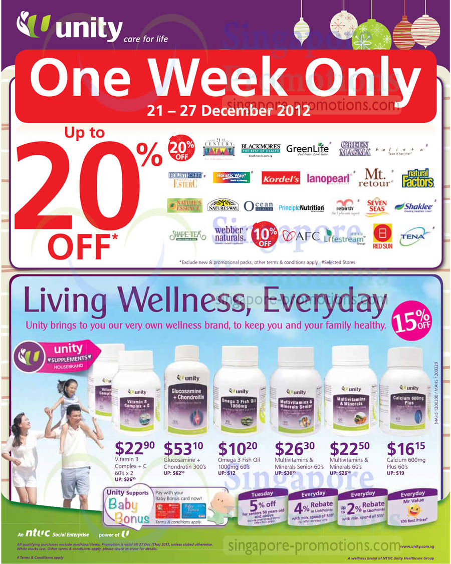 21 Dec 20 Percent Off Unity Glucosamine plus Chondroitin, Vitamin B Complex plus C, Omega 3 Fish Oil, Multivitamins and Minerals Senior