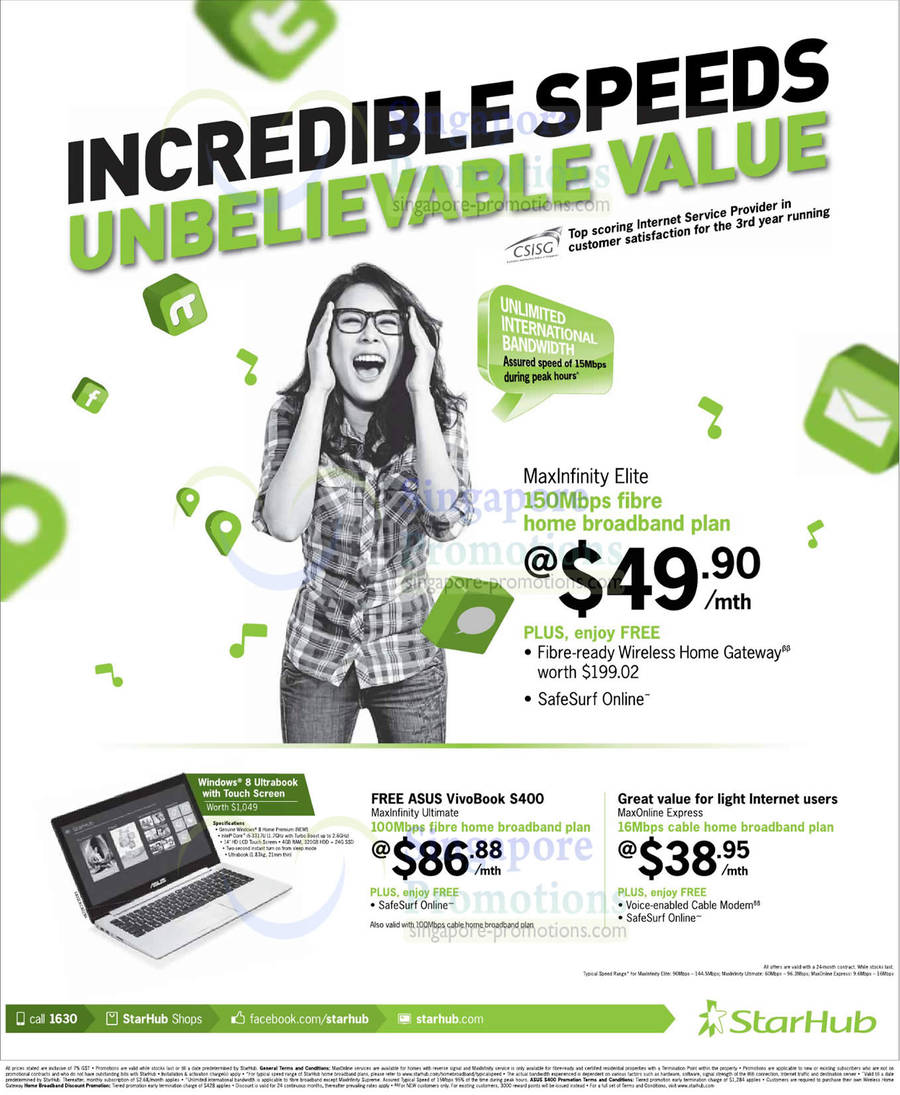 49.90 MaxInfinity Elite 150Mbps Fibre Broadband, Free ASUS VivoBook S400, MaxOnline Express