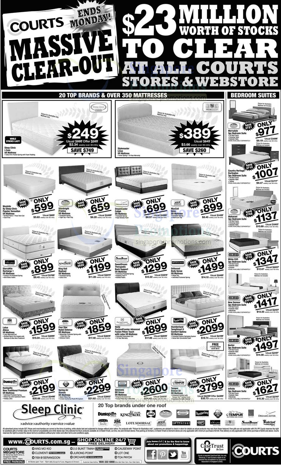 Mattresses, Sleep Clinic, Stylemaster, Silentnight, Dreamcaster, MaxCoil, StarryNight, King Koil, SweetDream, Orthorest, Lotus, Four Star, Sealy, Slumberland, Dunlopillo, Spring Air