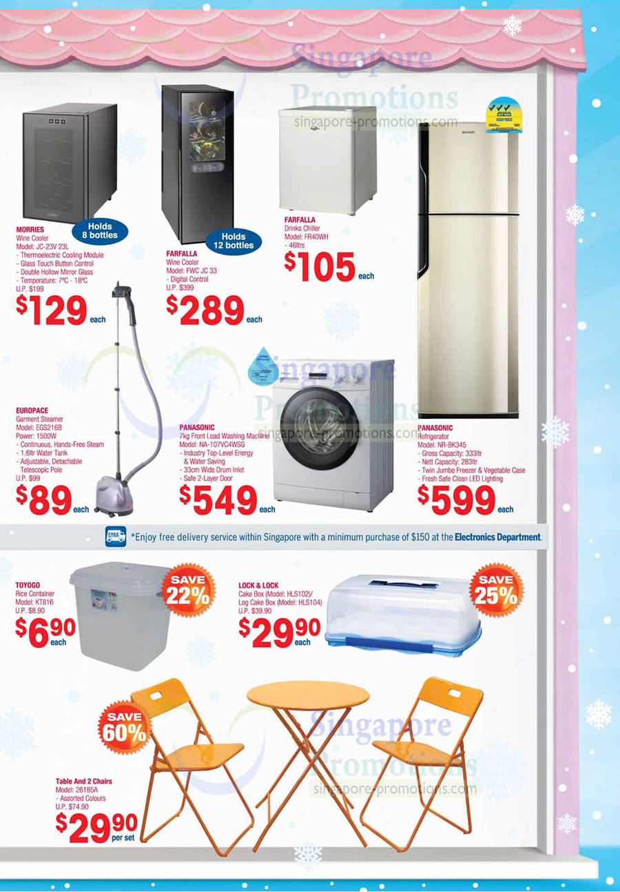 Morries, Farfalla Wine Coolers, Farfalla Drinks Chiller, Europace Garment Steamer, Panasonic Washer,  Fridge