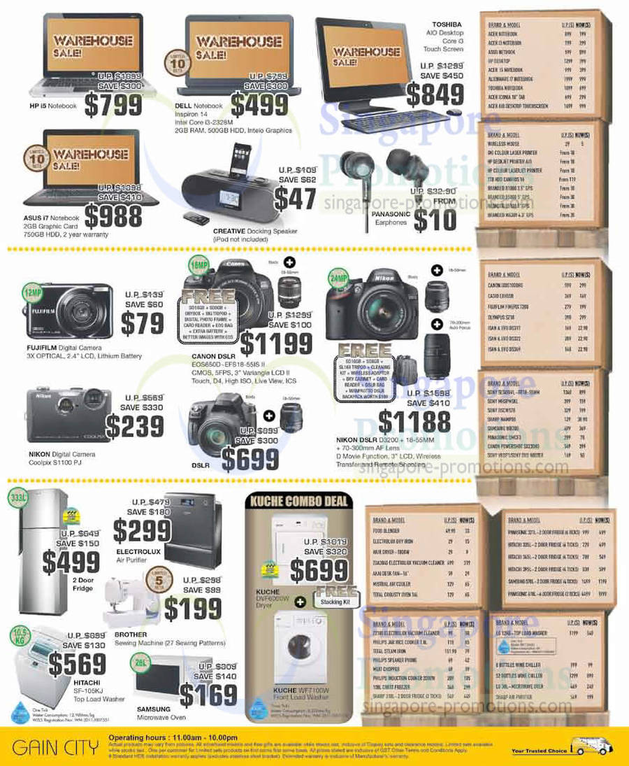 Notebooks, Digital Cameras, Fridges, Washers, HP, Dell, Toshiba, Asus, Fujifilm, Canon, Nikon, Electrolux, Hitachi, Samsung