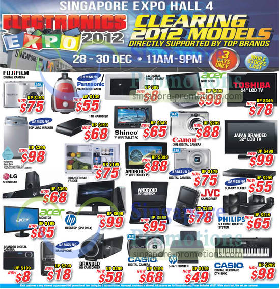 28 Dec Desktop PCs, Washer, Notebooks, Digital Cameras LCD TVs, Fujifilm, Samsung, Panasonic, Acer, Toshiba, Shinco, Canon, JVC, HP, Casio