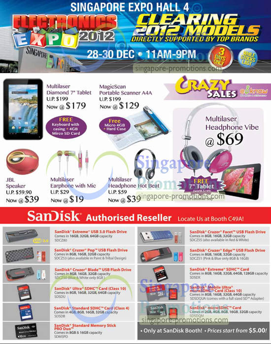 28 Dec Multilaser Tablet, Headphone, Earphone, Magic Scan Scanner, Sandisk Flash Drives, SDHC Cards