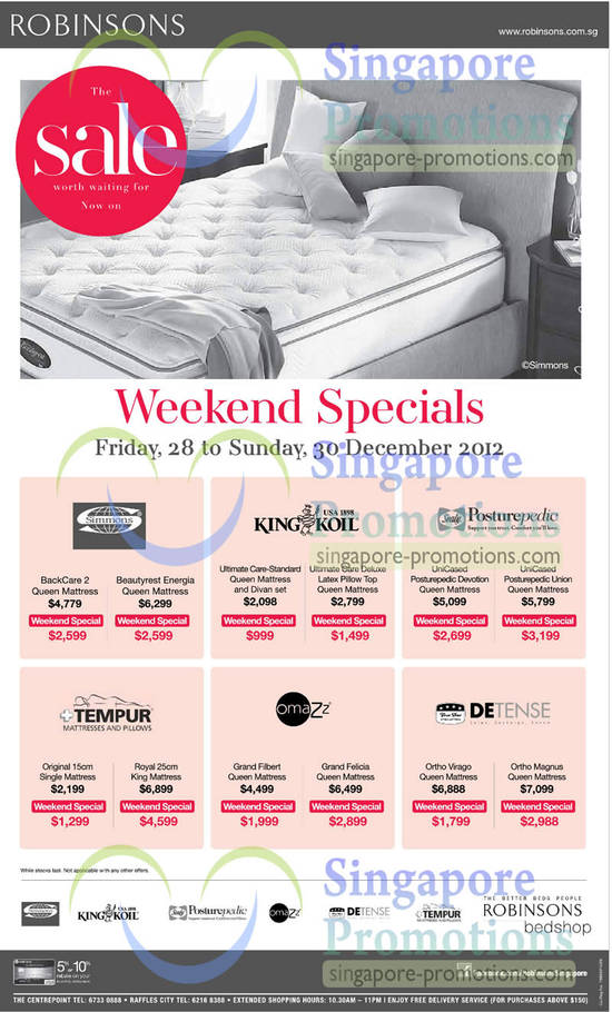 28 Dec Weekend Specials Mattress Offers, Simmons, King Koil, Posturepedic, Tempur, Omazz, Four Star Detense