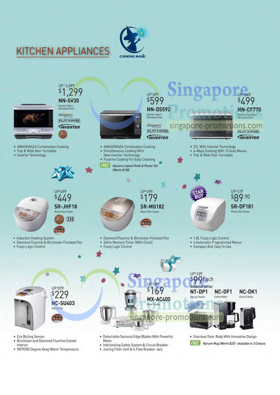 4 Jan Microwave Oven, Rice Cooker, Mixer Grinder, Electric Kettle, Pop Up Toaster, NN-SV30, NN-DS592, SR-JHF18, SR-DF181, NC-DF1