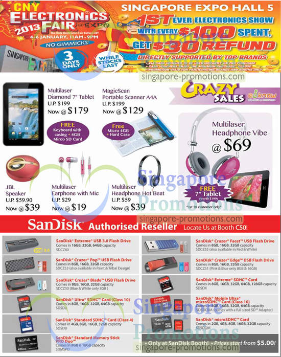 4 Jan Multilaser Tablet, Headphone, Earphone, Magic Scan Scanner, Sandisk Flash Drives, SDHC Cards