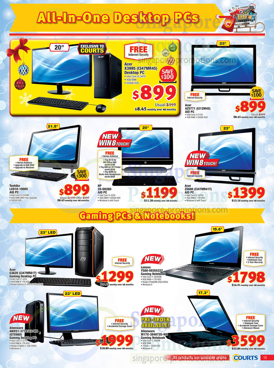 Acer Aspire, Predator, Toshiba Regza, HP Envy, Lenovo IdeaPad, Dell Alienware AIO Desktop PCs, X3995-I347MR45, AZ5771-I212M45, LX810-1000X, 20-D028D, S600-I347MR41T