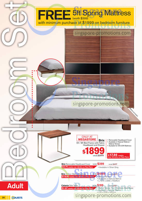 Brix Bed Frame, Removable Headboard Cover, 2-Door Sliding Wardrobe, Catania Side Table