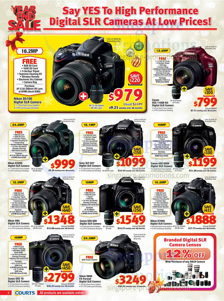 DSLR Digital Cameras Nikon D5100, D3200, D90, D7000, D600, Canon EOS 1100D, 650D, 60D, 7D, Sony SLT-A57