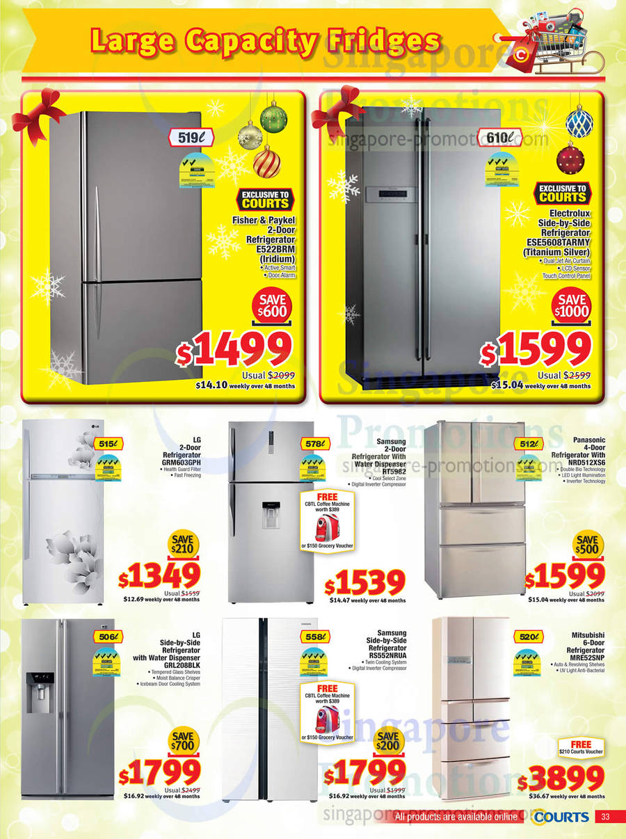 Fridges, Fisher and Paykel E522BRM, Electrolux ESE5608TARMY, LG GRM603GPH, Samsung RT5982, RS552NRUA, Panasonic NRD512XS6, LG GRL208BLK, Mitsubishi MRE52SNP