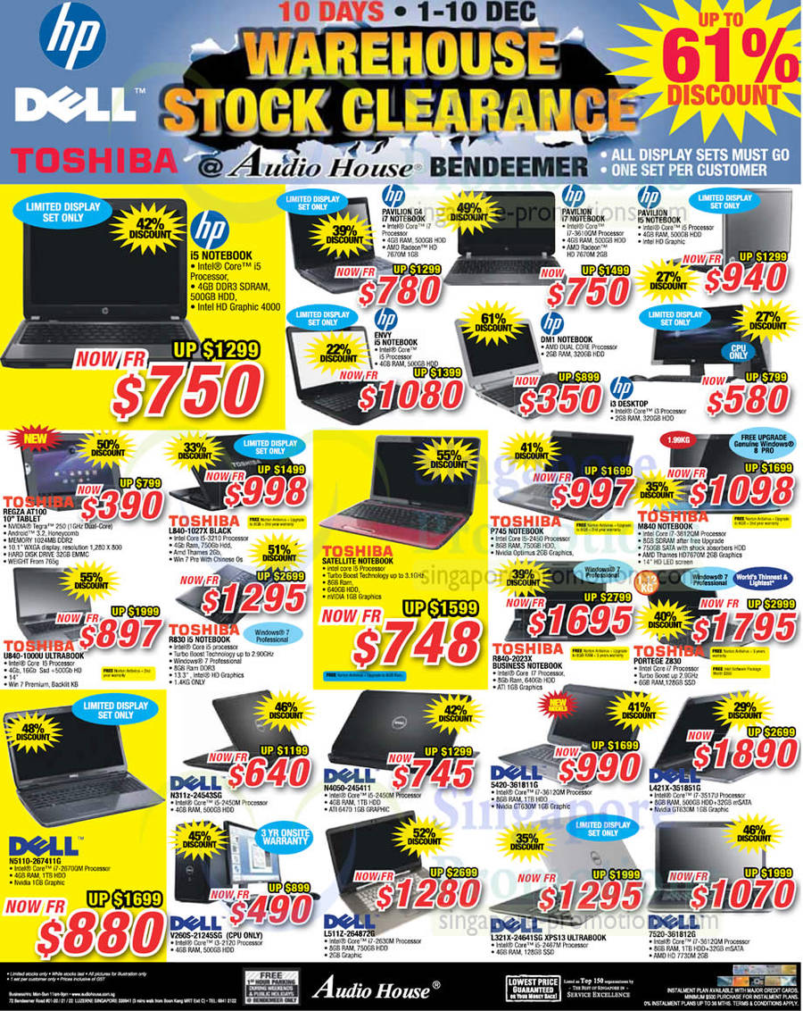 HP Pavilion, Toshiba Satellite, Tecra, Dell Inspiron Notebooks, Toshiba Regza AT100 Tablet, L840-1027X, U840-1000U, R830, R840-2023X, M840, Z830