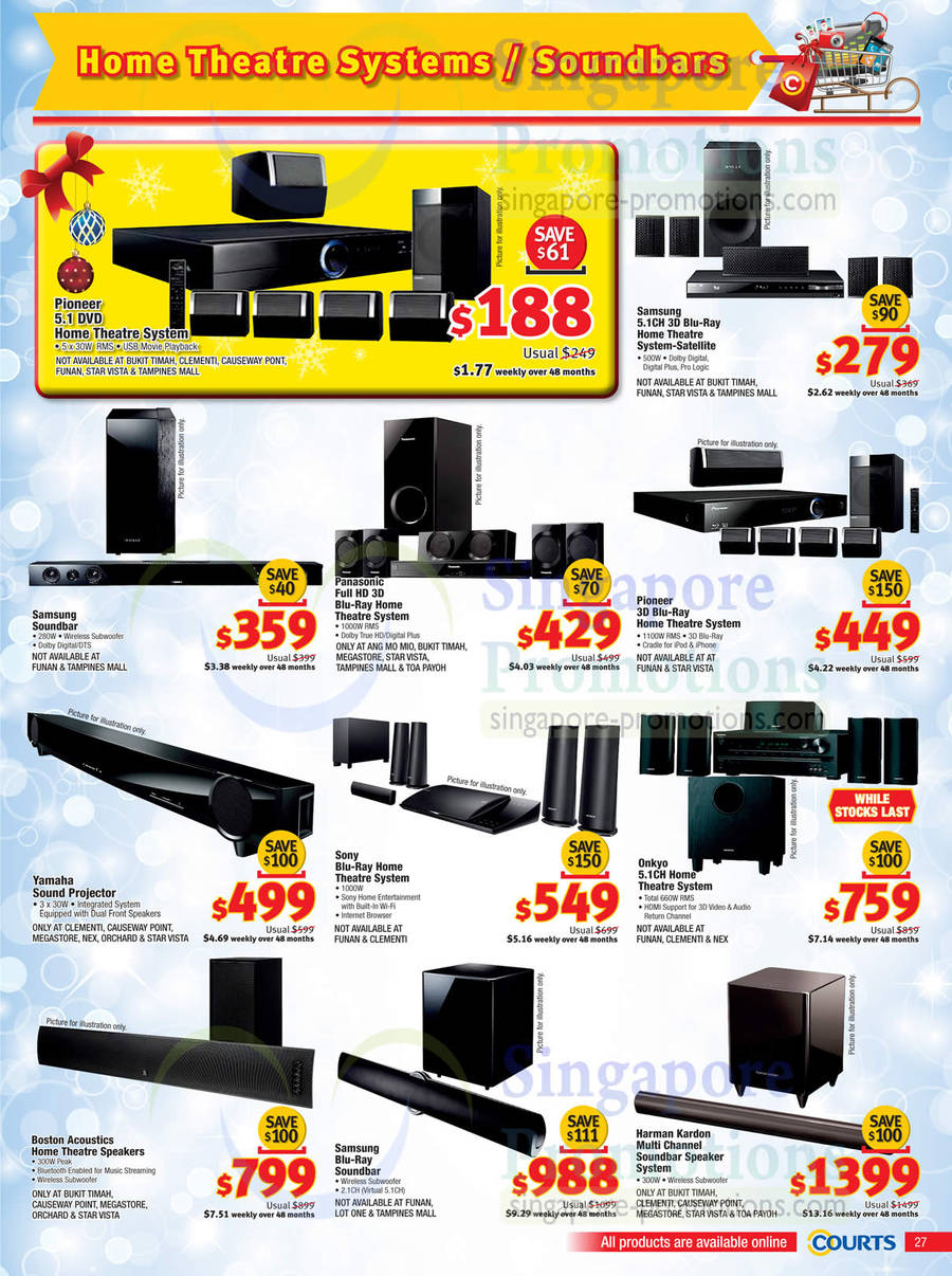 Home Theatre Systems, Soundbars, Pioneer DVD, 3D BluRay, Samsung, Panasonic, Sony, Onkyo, Harman Kardon, Yamaha Sound Projector, Boston Speakers