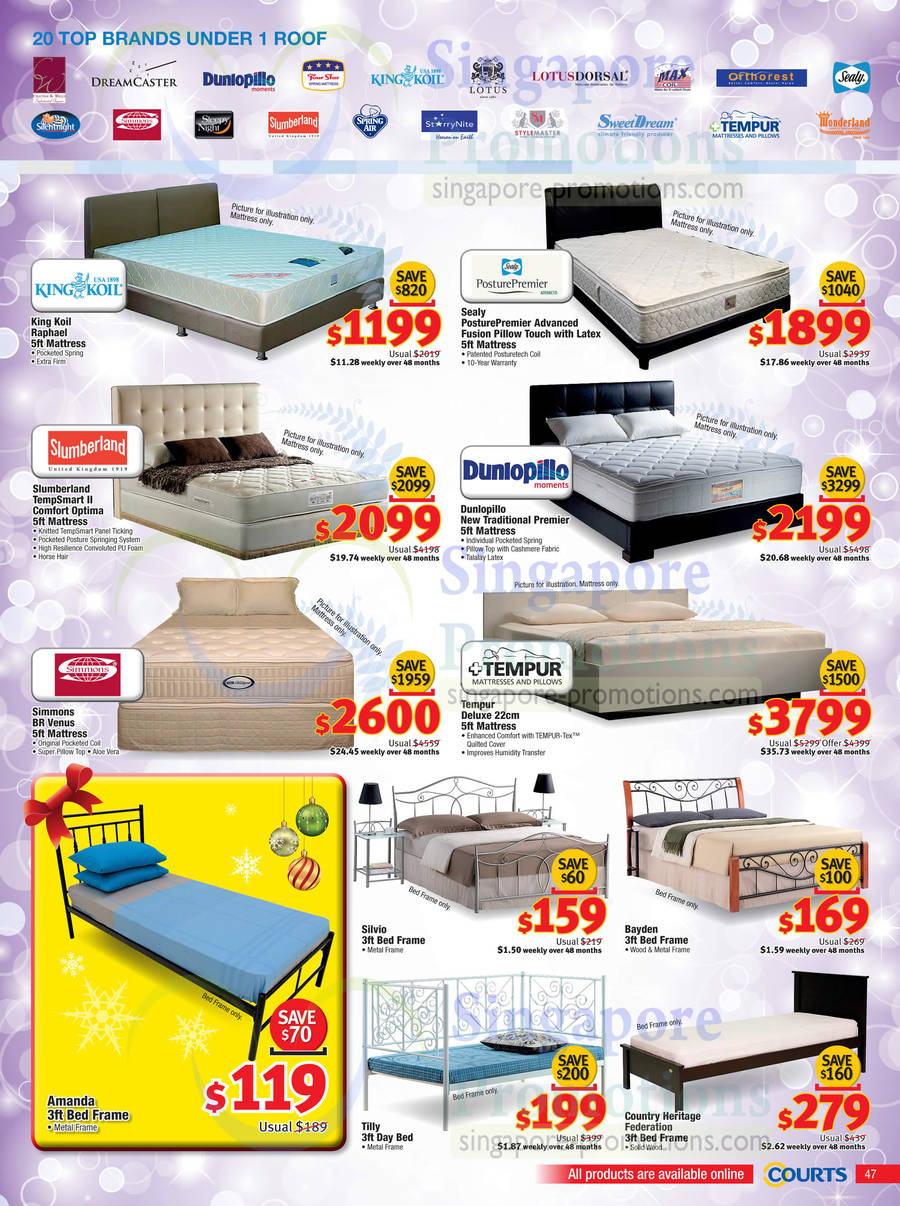 King Koil, Sealy, Slumberland, Dunlopillo, Simmons, Tempur Mattresses, Amanda, Silvio, Bayden, Tilly, Country Heritage Federation Bed Frames