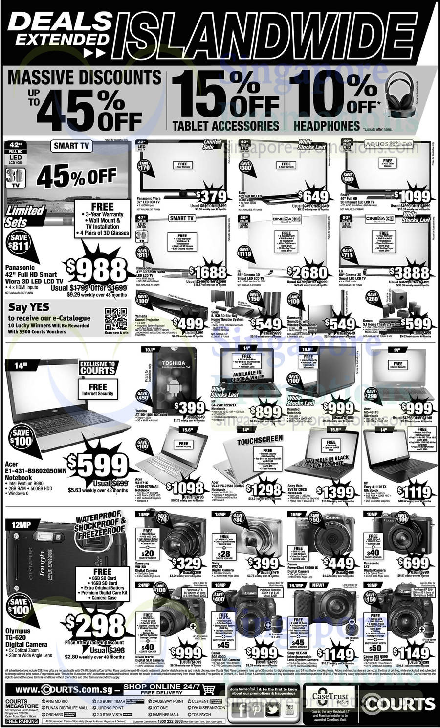 LED TVs, Notebooks, Digital Cameras, Panasonic, Toshiba, Sony, LG, HP, Acer, Olympus, Canon, Panasonic, Nikon