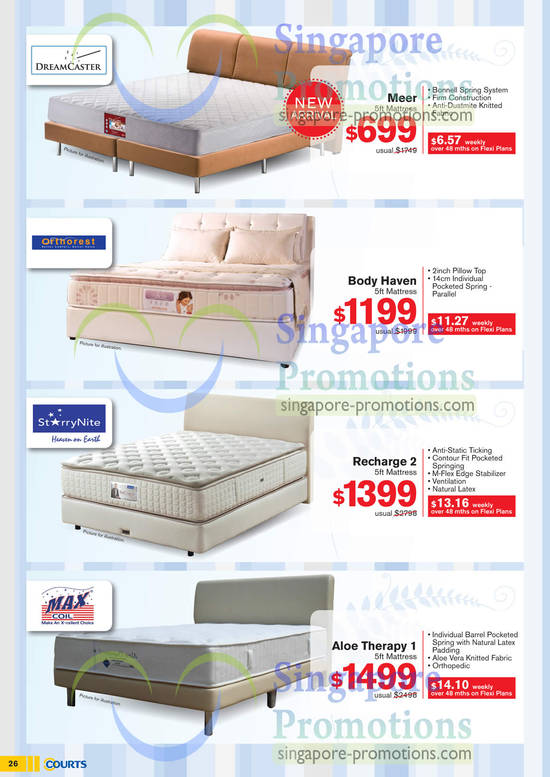 Mattresses, Dreamcaster Meer, Orthorest Body Haven, StarryNite Recharge 2, MaxCoil Aloe Therapy 1