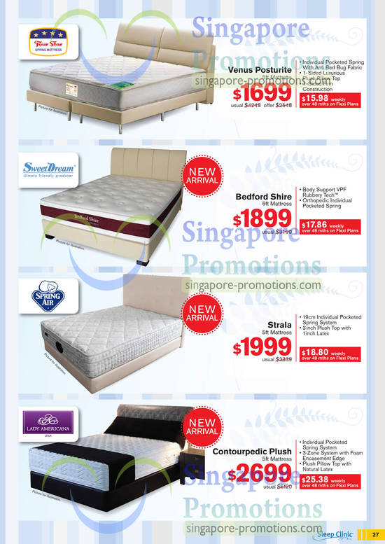 Mattresses, Four Star Venus Posturite, SweetDream Bedford Shire, Spring Air Strala, Lady Americana Contourpedic Plush