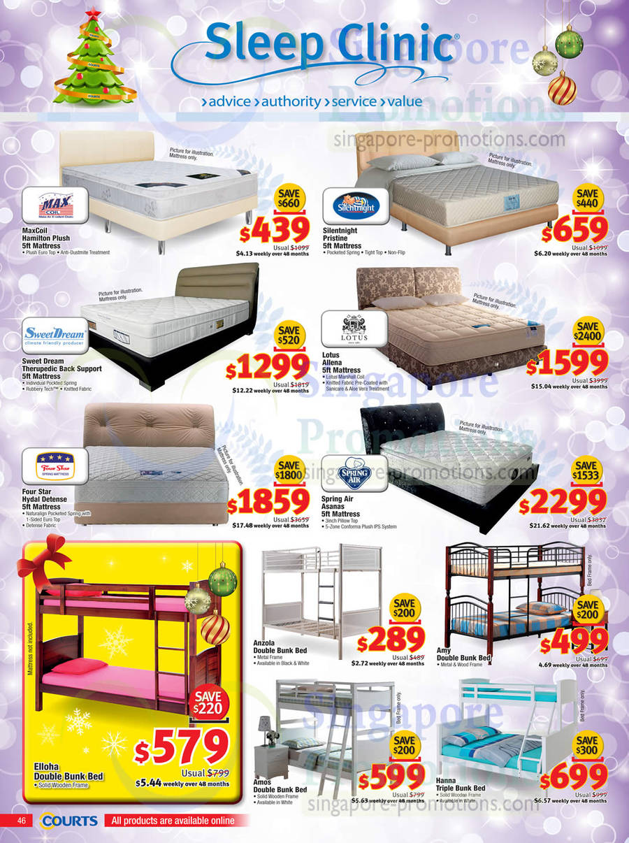 Mattresses, MaxCoil Hamilton Plush, Silentnight Pristine, SweetDream Therupedic Back Support, Lotus Allena, Four Star Hydal Detense, Spring Air Asanas,  Elloha, Anzola, Amy Beds