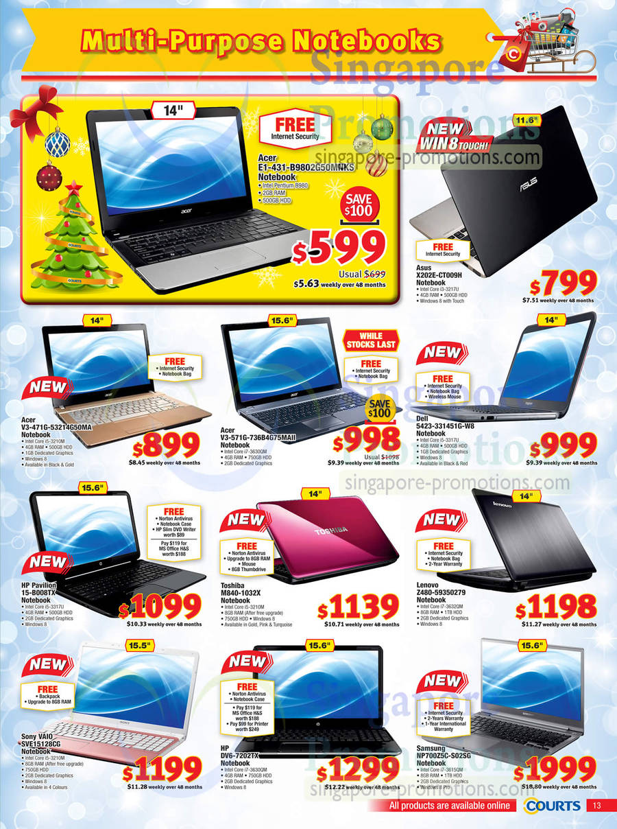 Notebooks Acer Aspire, ASUS Vivobook, Dell, HP Pavilion, Toshiba Tecra , Lenovo IdeaPad, Sony VAIO SVE15128CG, HP Envy DV6-7202TX, Samsung NP700Z5C-S02SG