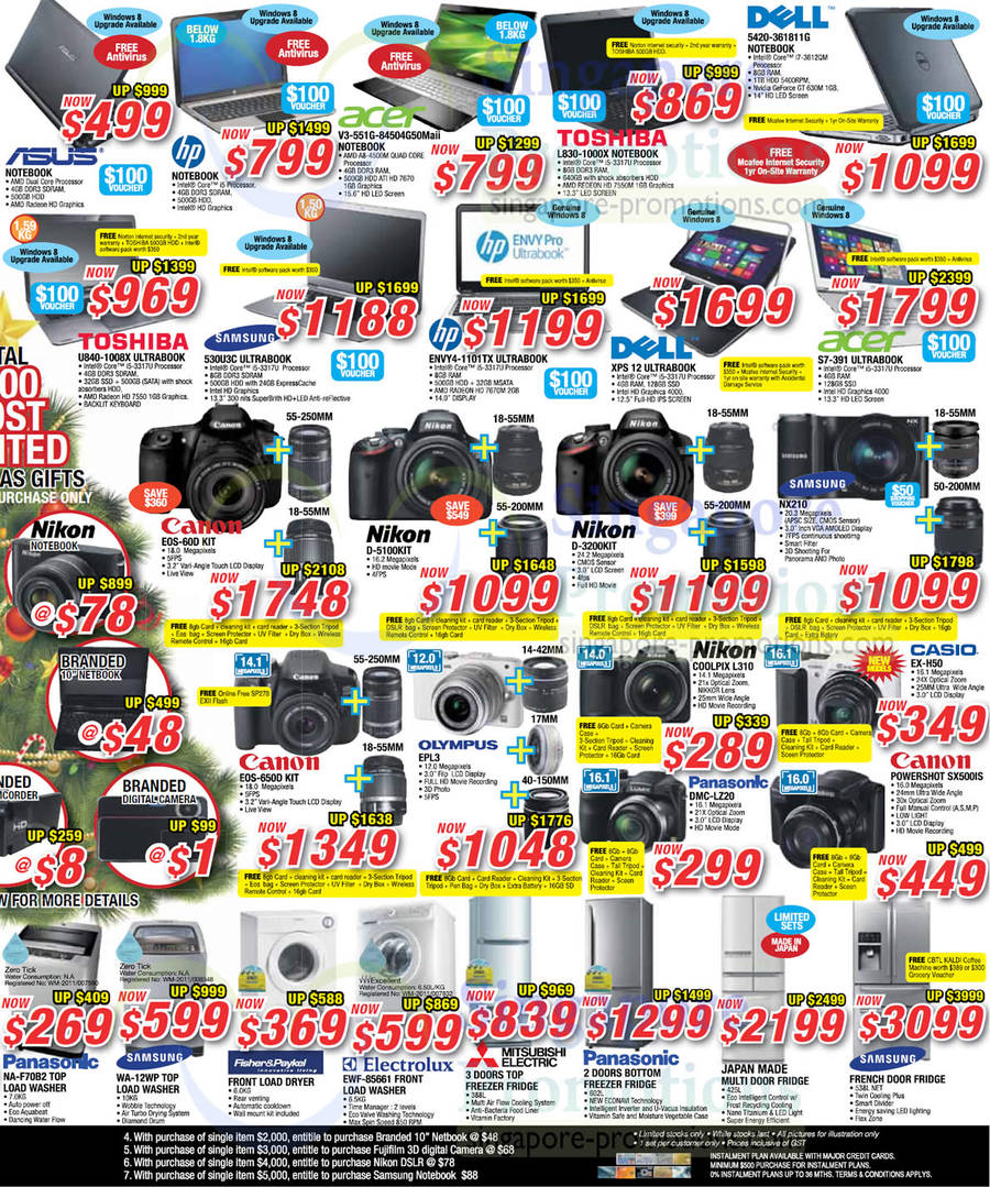 Notebooks, Digital Cameras, Washers, Firdges, Asus, HP, Acer, Toshiba, Dell, Samsung, Nikon, Canon, Olympus, Electrolux, Panasonic