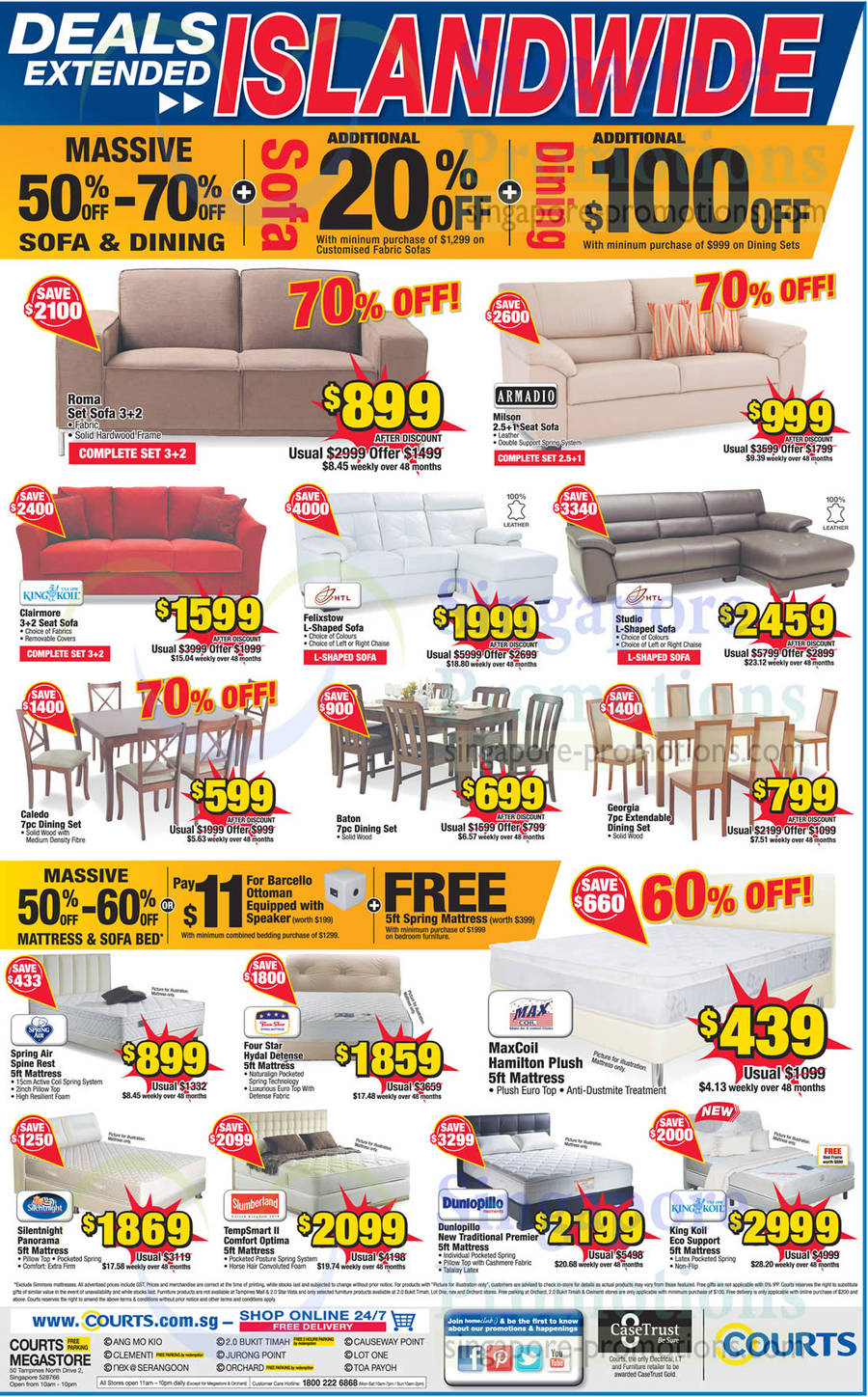 Sofa Sets, Armadio, HTL, King Koil, Max Coil, Dunlopillo, King Koil, Slumberland, Spring Air, Four Star, Silentnight