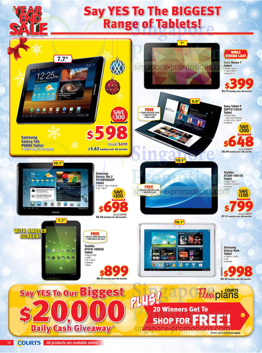 Tablets, Samsung P6800 Galaxy Tab 7.7, P5100TSAXSP Galaxy Tab 10.1, Galaxy Note 10.1, ASUS Nexus 7, Sony SGPT211SGS 5.5, Toshiba AT300-10013G 10.1, AT270-10003G 7.7