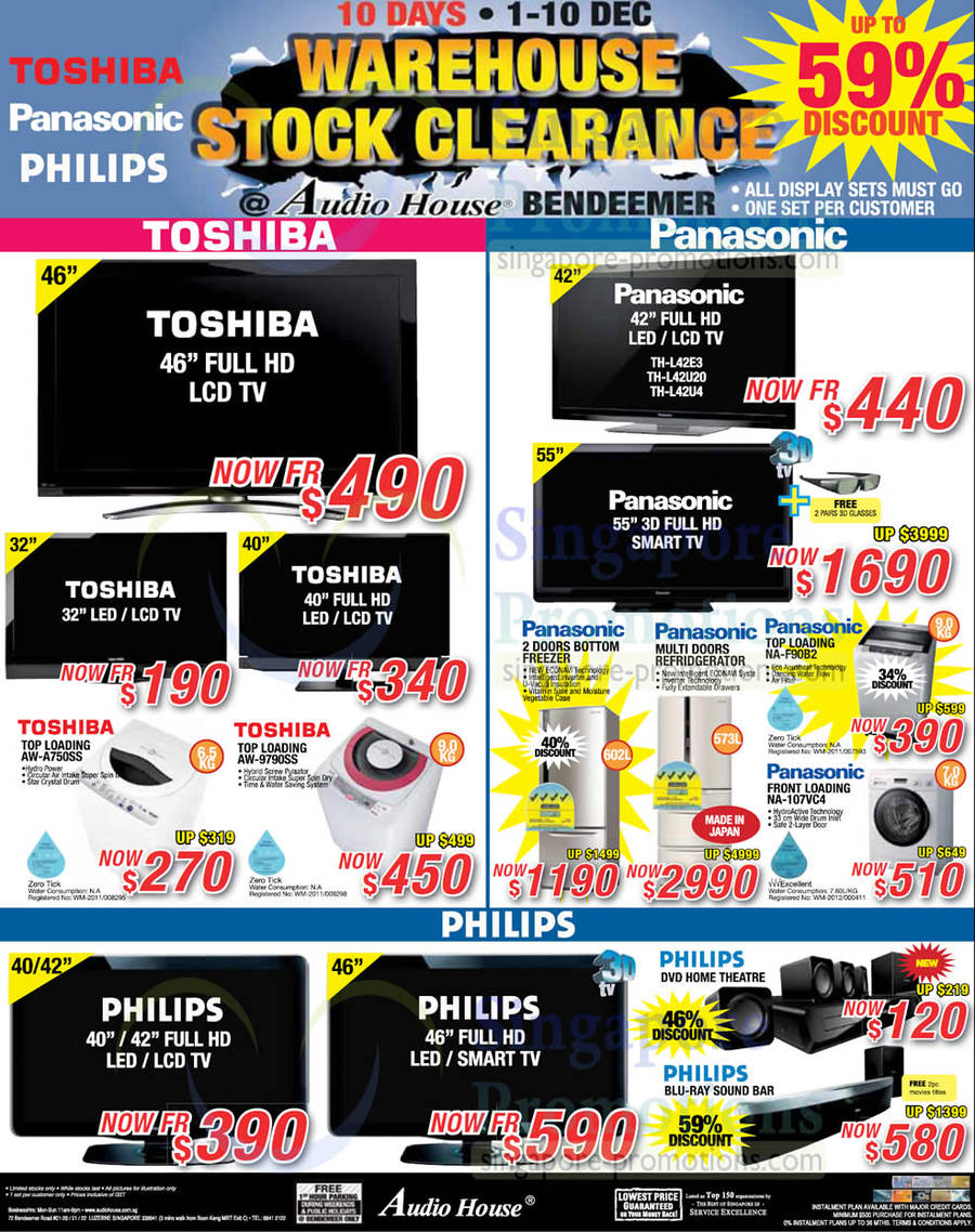 Toshiba, Panasonic Washers, AW-A750SS, AW-9790SS, NA-F90B2, NA-107VC4, Panasonic LCD TVs, TH-L42E3, TH-L42U20, TH-L42U4