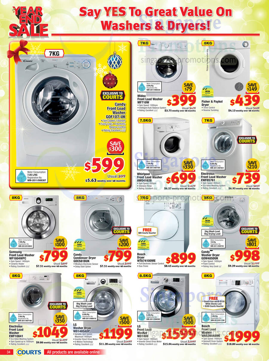 Washers, Dryers,  Candy GOF107-UK, Midea MF710W, Whirlpool AW041628, Electrolux EWF85761, Samsung WF1804WPC, Electrolux EWF10841, LG WD1488, Bosch WAS28448ME