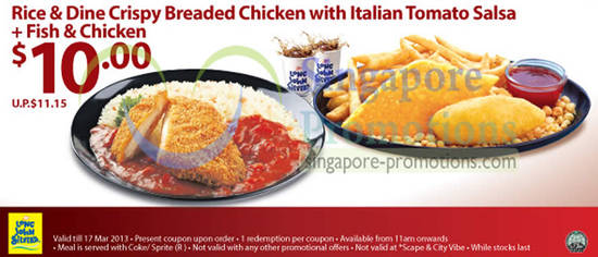10.00 Rice n Dine Crispy Breaded Chicken with Italian Tomato Sauce, Fish n Chicken