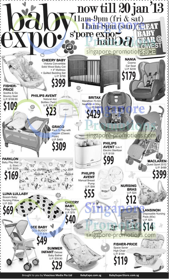 19 Jan Baby Cots, Strollers, Play Mats, Cherry Baby, Nania, Britax, Parklon, Philips Avent