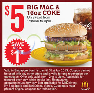 Featured image for (EXPIRED) McDonald’s Singapore Dine-In Discount Coupons 1 – 31 Jan 2013