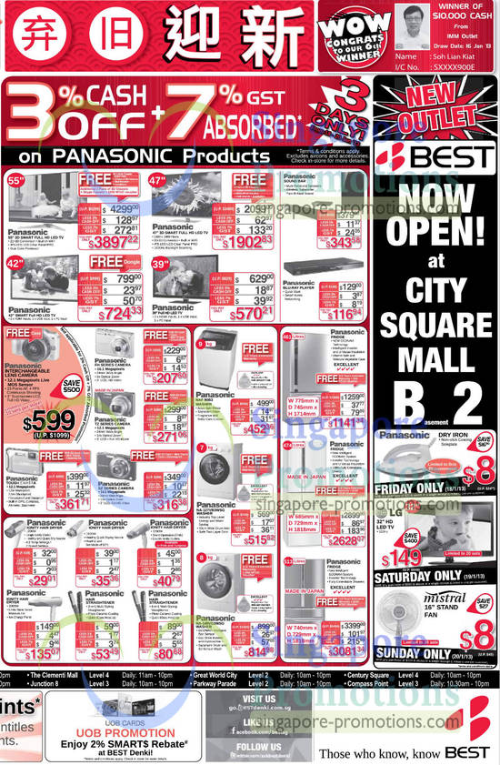 Digital Cameras, LED TVs, Fridges, Hair Dryers, Panasonic NAF90B3 Washer, NA-127VB3WSG Washer, NA-148VG3WSG Washer