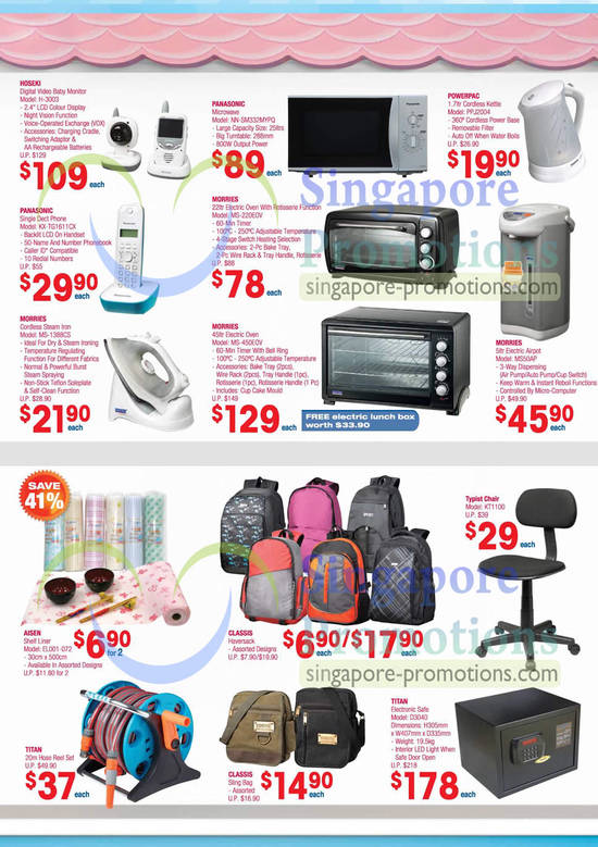 Kitchen Appliances, Backpacks, Hoseki H-3003 Baby Monitor, Panasonic NN-SM332MYPQ Microwave, Morries MS-220EOV Oven