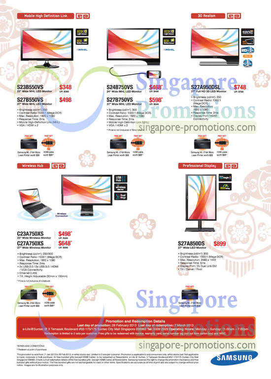 LED Monitors S23B550VS, S27B550VS, S24B750VS, S27B750VS, S27A950DSL, S27A850DS, Wireless Monitors, C23A750XS, C27A750XS