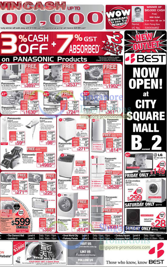 Panasonic Pore Cleanser, Ionity Hair Dryer, Massage Chair, Lumix Digital Cameras, Panasonic Washers, Panasonic Fridges