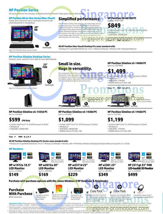 Pavilion Desktop PCs, Slimline s5-1460d, s5-1435d, s5-1430d, s5-1450d, w1972a LED Monitor, w2072a, w2371d, x2301, 2311gt