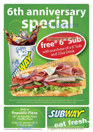 Featured image for (EXPIRED) Subway 1 For 1 Promotion @ Republic Plaza 25 Jan 2013
