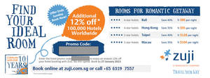 Featured image for (EXPIRED) Zuji Singapore 12% OFF ALL Hotels Coupon Code NO Min Spend 24 – 27 Jan 2013