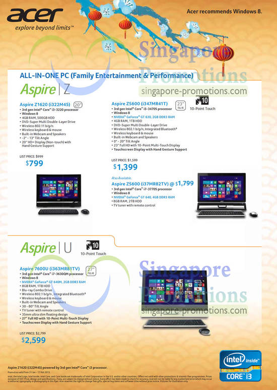 AIO Desktop PCs Aspire Z1620 i322M45, ZS600 i347MR41T, ZS600 i37MR82TV, 7600U i363MR81TV