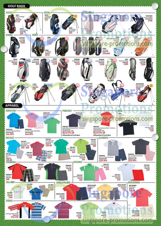 Golf Bags, Apparel, Kasco Propex, Gosen, Taylormade, Cobra, Superman, Sword, Cleveland, Bagboy, Maruman, Fourteen, Mega, Poterline, Sun Mountain